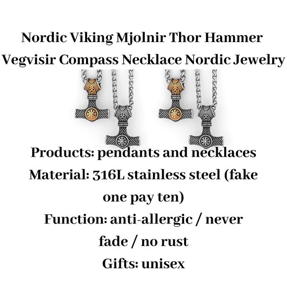 Nordic Viking Mjolnir Thor Hammer Vegvisir Compass Necklace Nordic Jewelry - Picture 4 of 16